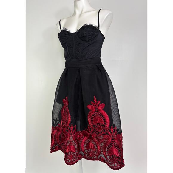 Love Culture Black Mesh Skirt Red Ribbon Embroidery Size Small Romantic Goth - Picture 5 of 14